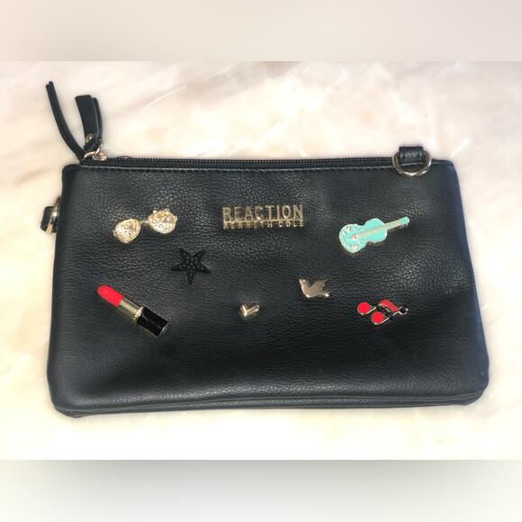 Kenneth Cole reaction music guitar lipstick sunglasses Black Leather Clutch - Picture 1 of 4